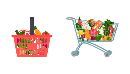 Food basket. Supermarket shopping cart. Supermarket vector illustration