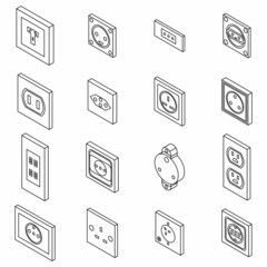 Power socket icons set. Isometric set of power socket vector icons outline isolated on white background