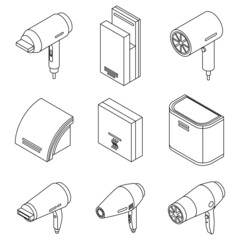 Dryer icons set. Isometric set of dryer vector icons outline isolated on white background