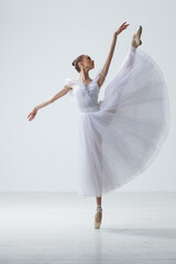 Fototapeta na wymiar Young Beautiful Female Ballerina Posing on Studio Background