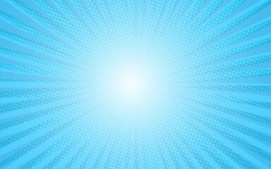 Sun rays retro vintage style on blue background. Comic pattern with starburst and halftone. Cartoon retro sunburst effect with dots. Rays. Vector illustration. Superhero wow banner.