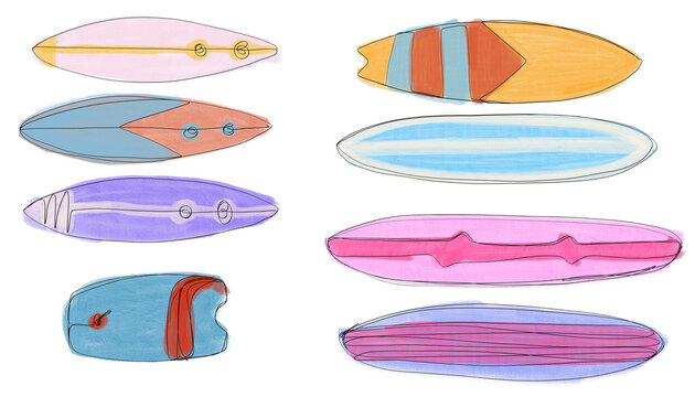 ilustración de tablas de surf diferentes colores en acuarelas. ilustracion body surf acuarelas