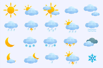 Polygon lowpoly weather icons set on white background. Vector illustration. Winter and summer symbols, sun and cloudy, rainy, stormy stickers. Mobile application, ui ux icons.