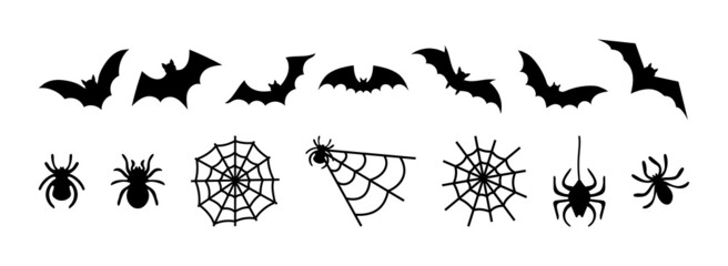 Set bats, spiders and cobwebs, isolated on white background. Vector illustration, traditional Halloween decorative elements. Halloween silhouettes black spiders and spider web, bats - for design decor