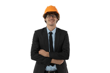 Young engineering on white back ground. He is wearing a hard hat , jacket , suit and tie.