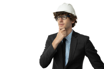 Young engineering on white back ground. He is wearing a hard hat , jacket , suit and tie.