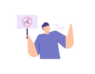 stop war symbol. A demonstrator holds a demonstration against war. protest, refuse, conflict, participant. stop the war. flat cartoon illustration. concept design. element