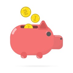 Piggi bank pink and yellow coins, on white background . Flat design illustration. Stock vector graphics