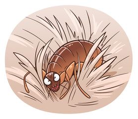 Cartoon flea on pet fur vector illustration. Cartoon flea series. 