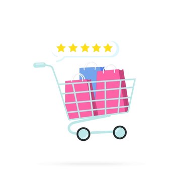 Shopping cart with shopping bags and cloud with 5 stars, on a white background. Flat design illustration. Vector graphics