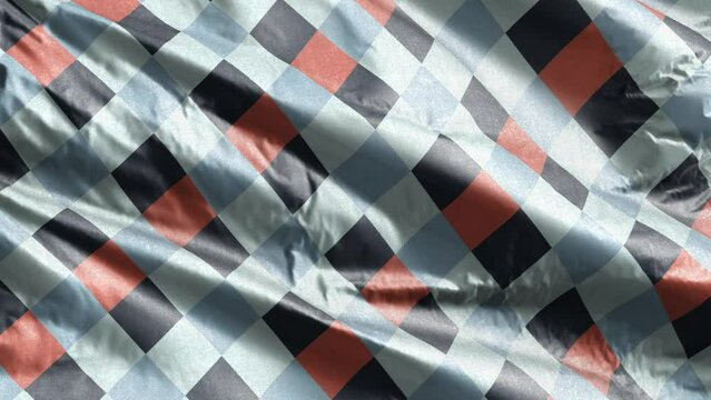 Black orange gray blue diagonal french checkered pattern textile fabric slow waving on the wind background. Inclined Colorful Fabric Check. Full filling slow motion seamless loop.