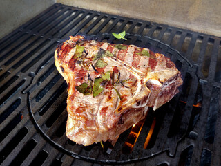 T-bone steak flavored with herbs cooks on the grill