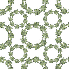 Seamless pattern watercolor circle frame border template for design. Wreath of green leaves flower chrysanthemum on white background. Hand-drawn plant. Copy space. Wrapping for wedding invitation
