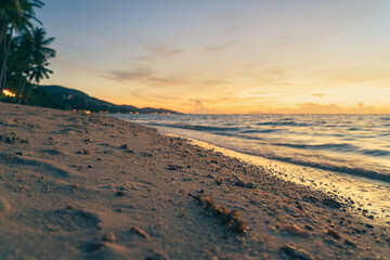 Fototapeta na wymiar Sandy beach, surf and coastline at colorful sunset