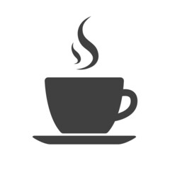 Black silhouette of a cup with a hot drink. Tea or coffee. Lunch break symbol. Icon logo for cafe and coffee shop. Vector black and white isolated illustration