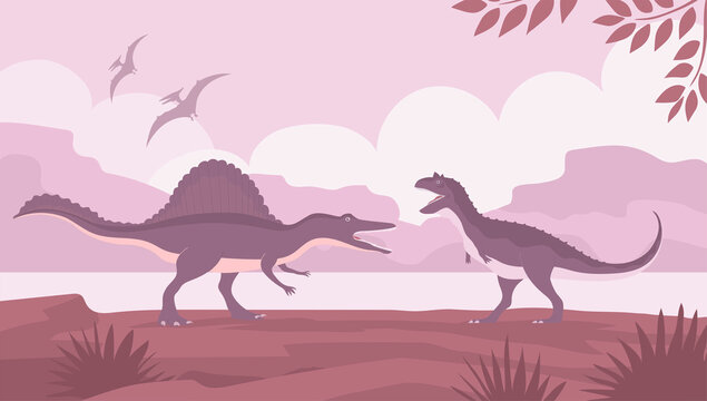 Carnotaurus vs spinosaurus. Carnivorous lizards. Ancient dinosaurs of the Jurassic period. Vector cartoon illustration. Prehistoric nature background. Wild landscape © Mikhail Ognev