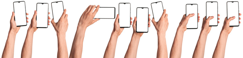 A man holds in his hands a blank black smartphone screen with a modern frameless design. Ten positions isolated on white background