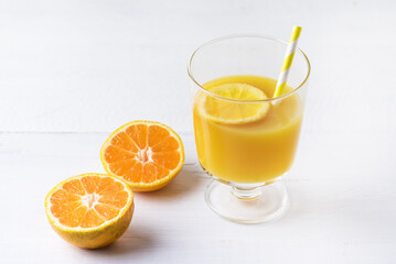 Refreshing Juice with Tangerines or Citrus Non Alcoholic Drink Fresh Citrus White Background Healthy Diet