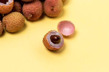 Fresh Organic Lychee Fruit Yellow Background Sweet Healthy Food Horizontal