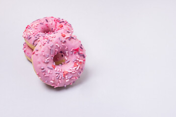 Two Pink Sweet Doughnut Blue Background Horizontal Copy Space Dessert Donut