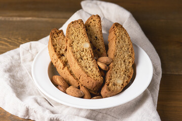 Tasty Italian Biscotti with Almond White Bowl with Delicious Cantucci Cookies Italian Food Wooden Background