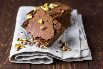 Pieces of Fresh Brownie on Linen Background Delicious Chocolate Pie Tasty Dessert Wooden Background Horizontal