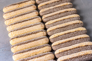 Savoyardy Cookies for Tiramisu Gray Background Above Horizontal