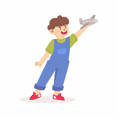 Boy with a plane toy. Travel theme. Happy child playing. Cartoon illustration on white background - 511049902