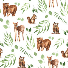 Fototapeta premium Seamless pattern with cute forest animals and greenery on white