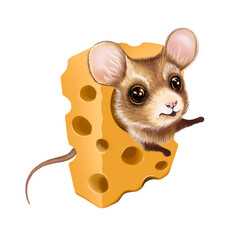 Mouse peeks out of a cheese