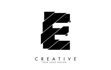 Black Letter E with abstract sliced effect logo design. Abstract vector illustration with creative cuts.
