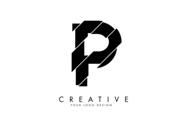 Black Letter P with abstract sliced effect logo design. Abstract vector illustration with creative cuts.