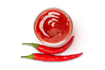Chili sauce isolated on white background. Top view. Flat lay.
