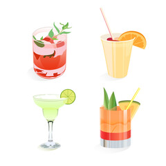 Set with four summer cocktails isolated on a white background. Vector illustration.