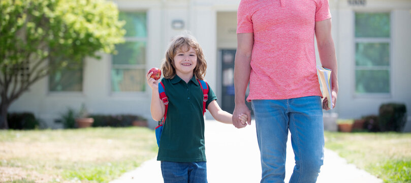 Banner Of Child Back To School, Education. First Day At School. Father And Son Come Back From School. Happy Family Value.