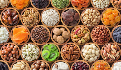 different kinds dried fruits and nuts background. colorful food, healthy snacks.