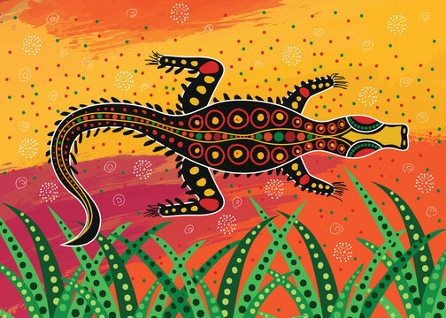 Aboriginal art vector painting with crocodile