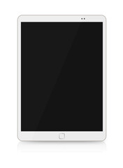 Tablet blank screen. Portable gadget. Digital technology. Front view of electronic device with black copy space mockup display isolated on white advertising background.