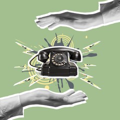 Contemporary art collage. Human hands holding retro vintage phone. Communication. Concept of style, retro, art, creativity, imagination.