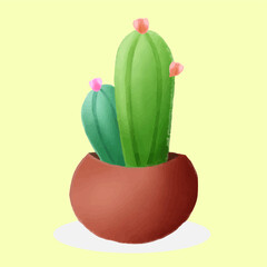 Watercolor painting of a cactus in a single pot. Colorful hand painted. Vector illustration of gardening elements editable.