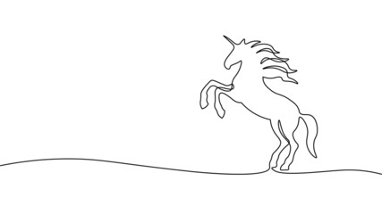 One line horse unicorn riding. Continuous line art decoration magical horn drawing fairy myth fantasy background vector illustration © LuckyStep