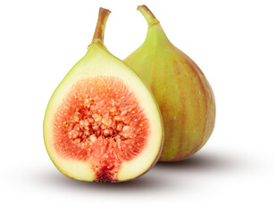 Fig green. Cut in half and whole fig. Green-red fruit isolated on a white background.