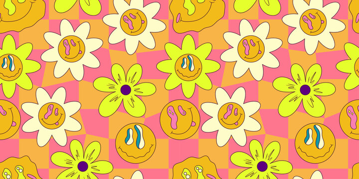 Trippy smile seamless pattern with daisy and checkerboard. Psychedelic hippy groovy print. Good 60s, 70s, mood. Vector trippy crazy illustration. Smile face seamless pattern y2k style