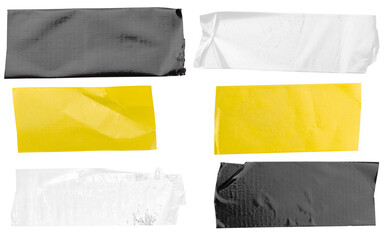 Torn horizontal and different size glossy black, yellow, white sticky tape, sticky pieces on a white background. A set of ribbons in different colors.