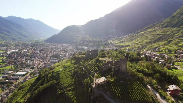 Aerial 4K, Sondrio, Valtellina , Italy, Castel Grumello and vineyards
