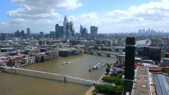 City of London, St Pauls Cathedral and Millennium Bridge aerial view - travel photography