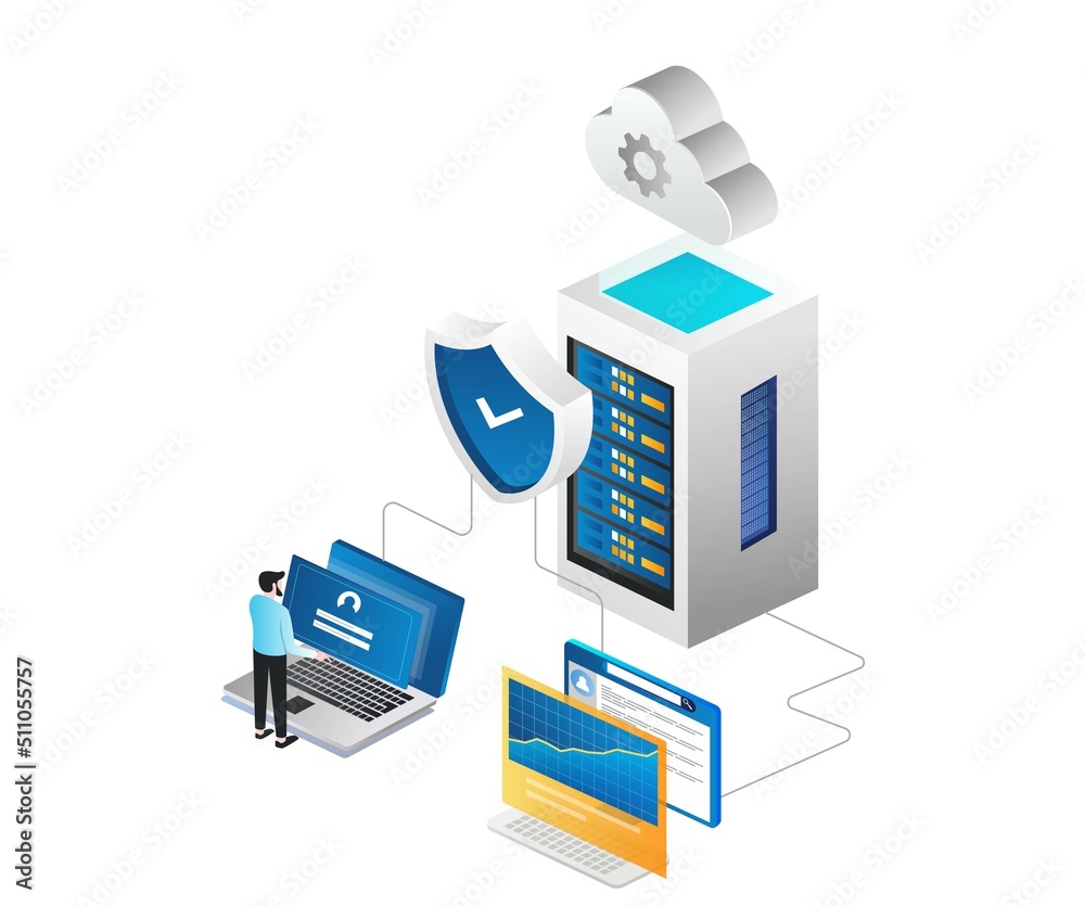 Poster Man controlling computer security and cloud server