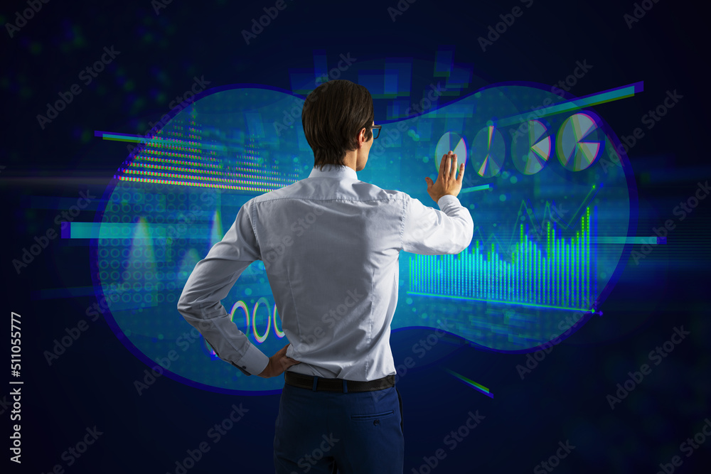 Poster businessman using abstract glowing digital business chart and graph metaverse hologram on blurry bac