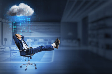  businessman with hands behind head relaxing in swivel-chair in blurry office interior with abstract hologram raining cloud and mock up place for your advertisement. 