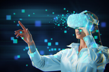 Attractive young european woman using VR glasses on abstract blurry blue pixels background. Augmented reality and metaverse concept. Double exposure. - obrazy, fototapety, plakaty